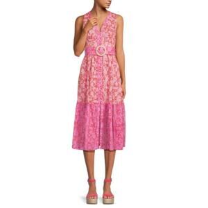 Sam Edelman Selene Floral Belted Pink Sleeveless Midi Dress Size XL